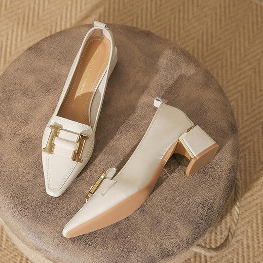 Comfortable Cream Leather Heels for Women with Block Heel Pointed Toe Buckle Office Style