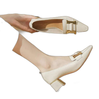 Comfortable Cream Leather Heels for Women with Block Heel Pointed Toe Buckle Office Style
