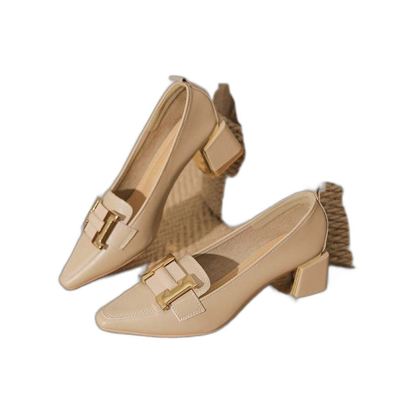 Comfortable Cream Leather Heels for Women with Block Heel Pointed Toe Buckle Office Style