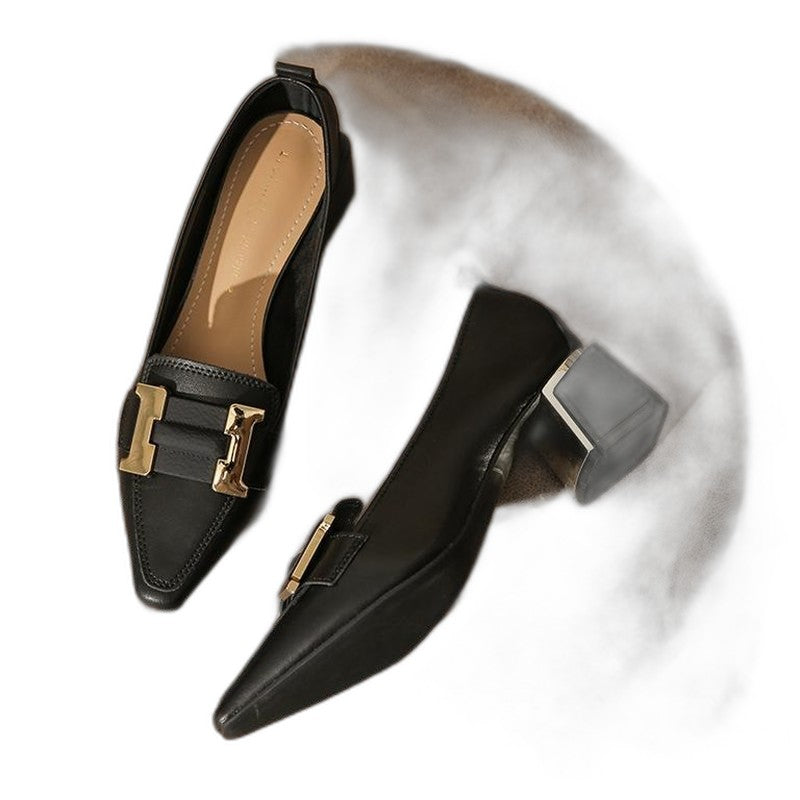 Comfortable Cream Leather Heels for Women with Block Heel Pointed Toe Buckle Office Style