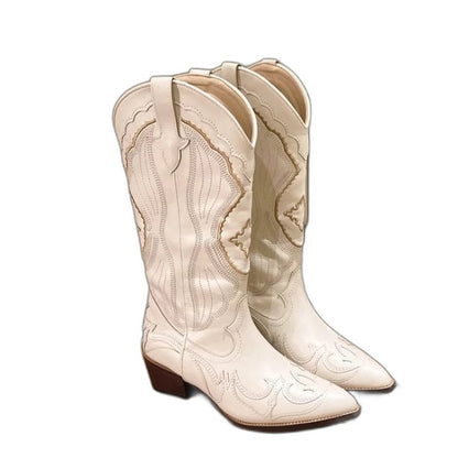 Comfortable Cream Leather Knee High Boots for Women with Embroidered Block Heel Pointed Toe Waterproof Casual Style