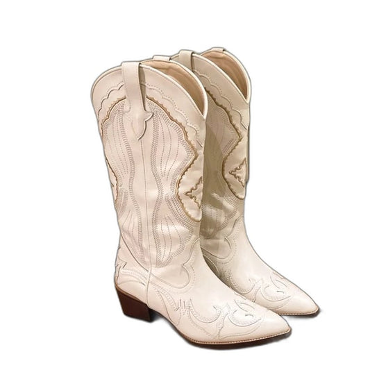 Comfortable Cream Leather Knee High Boots for Women with Embroidered Block Heel Pointed Toe Waterproof Casual Style