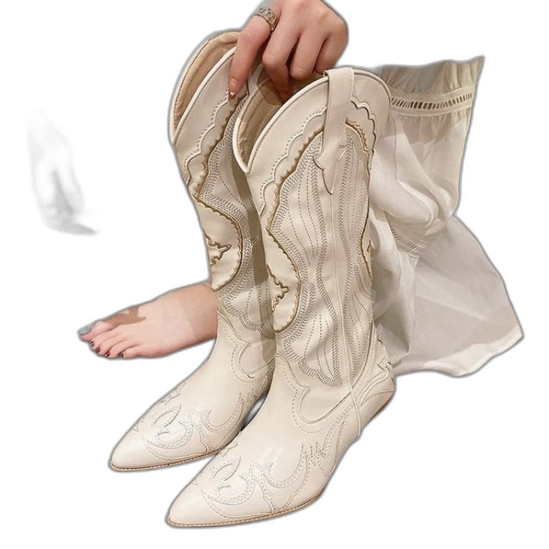Comfortable Cream Leather Knee High Boots for Women with Embroidered Block Heel Pointed Toe Waterproof Casual Style