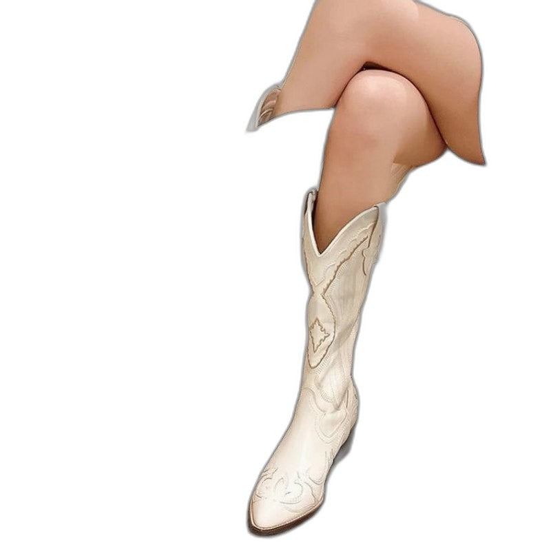 Comfortable Cream Leather Knee High Boots for Women with Embroidered Block Heel Pointed Toe Waterproof Casual Style