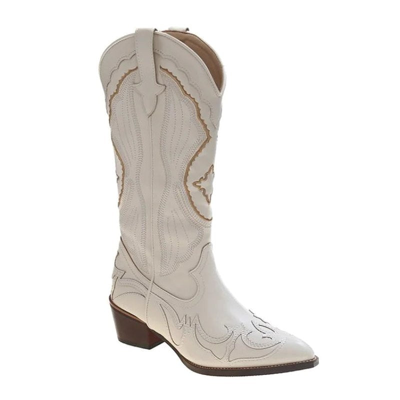 Comfortable Cream Leather Knee High Boots for Women with Embroidered Block Heel Pointed Toe Waterproof Casual Style