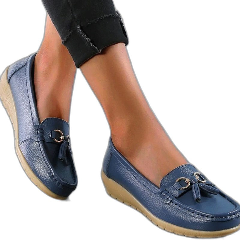 Comfortable Cream Leather Loafers for Women with Tassel Closed Toe Casual Style