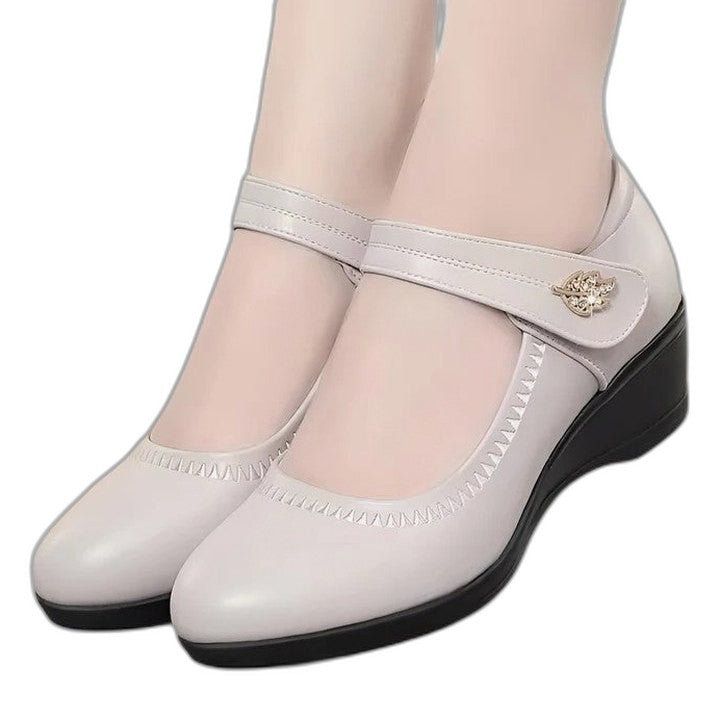 Comfortable Cream Leather Mary Jane Shoes for Women with Block Heel Closed Toe Buckle Casual Style