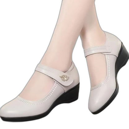Comfortable Cream Leather Mary Jane Shoes for Women with Block Heel Closed Toe Buckle Casual Style