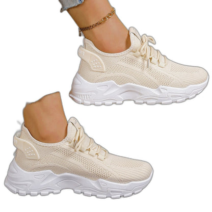 Comfortable Cream Mesh Sneakers for Women with Platform Closed Toe Lace Up Casual Style