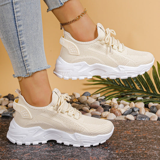 Comfortable Cream Mesh Sneakers for Women with Platform Closed Toe Lace Up Casual Style
