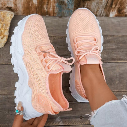 Comfortable Cream Mesh Sneakers for Women with Platform Closed Toe Lace Up Casual Style