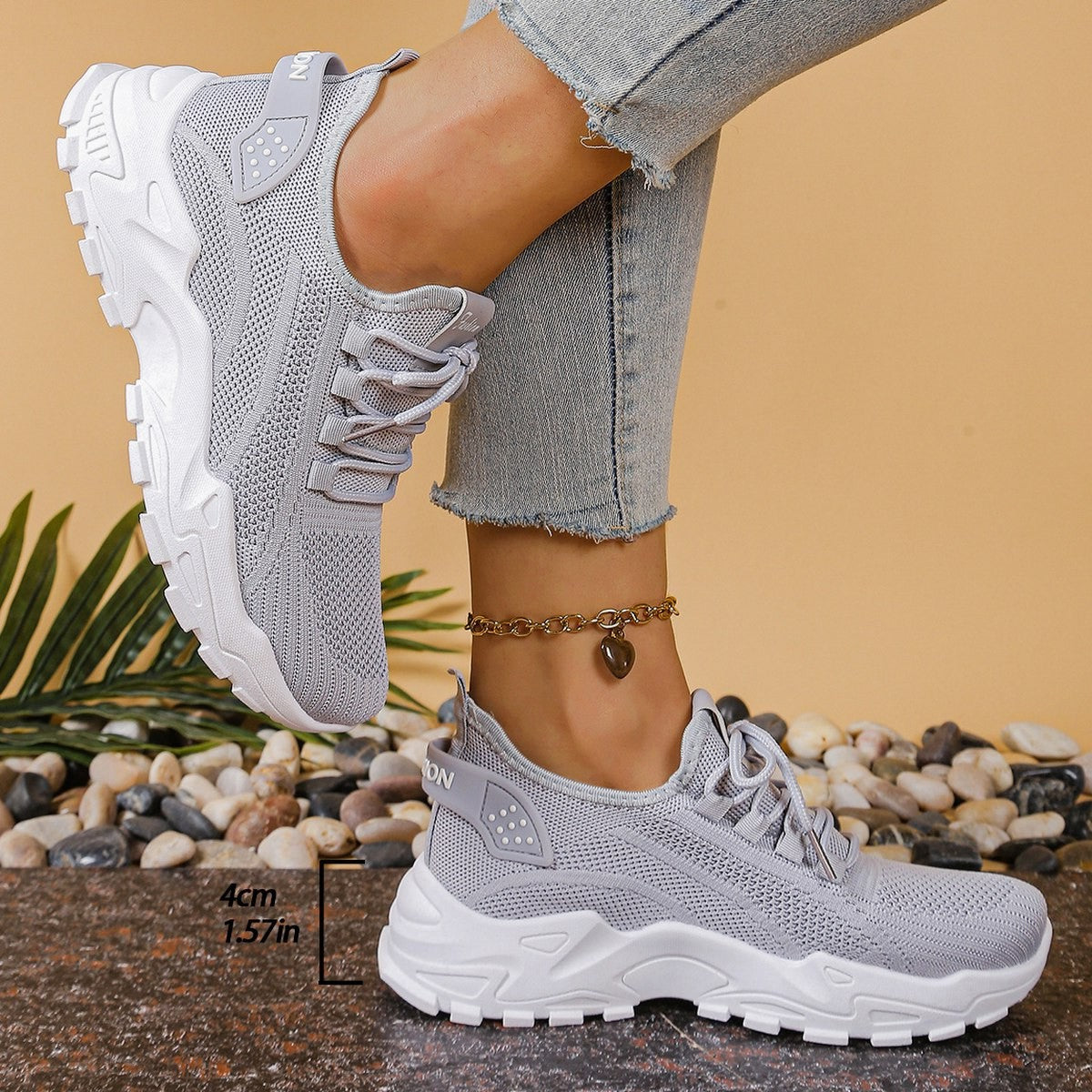 Comfortable Cream Mesh Sneakers for Women with Platform Closed Toe Lace Up Casual Style