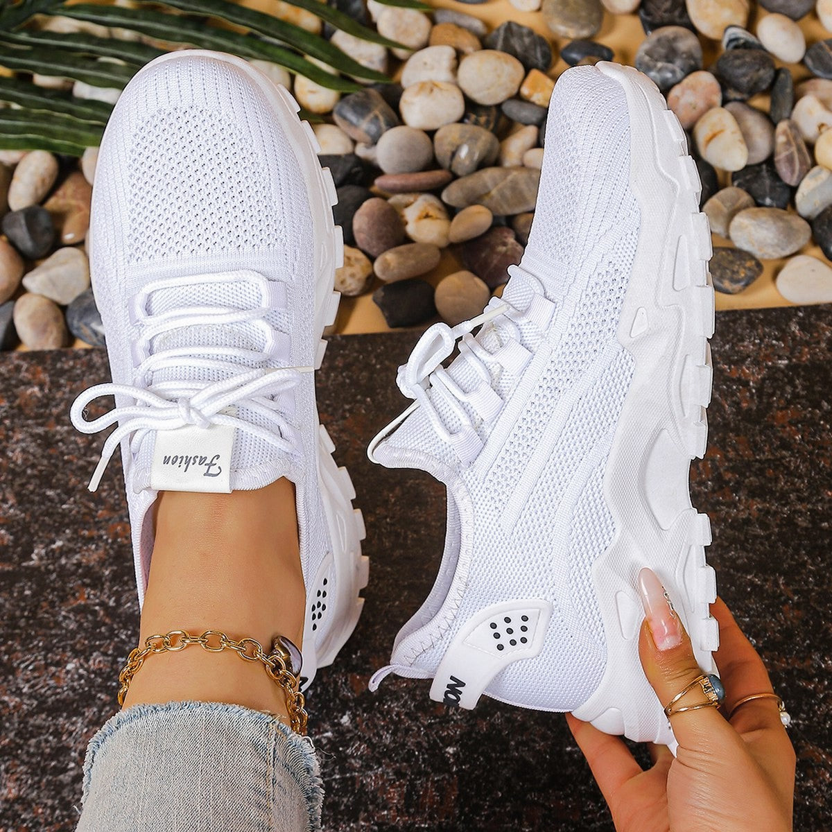 Comfortable Cream Mesh Sneakers for Women with Platform Closed Toe Lace Up Casual Style