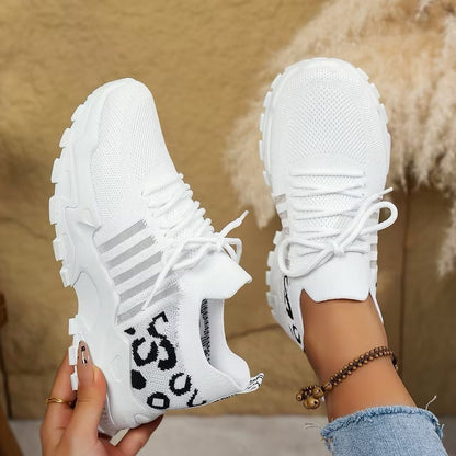 Comfortable Cream Mesh Sneakers for Women with Platform Closed Toe Lace Up Casual Style