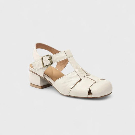 Comfortable Cream Sandals for Women with Block Heel Closed Toe Buckle Casual Style