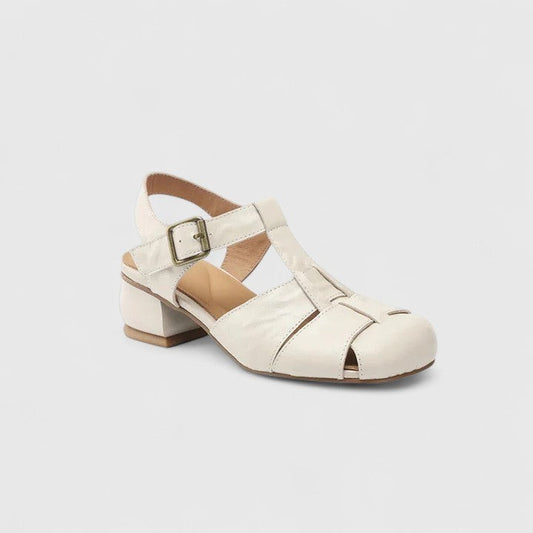 Comfortable Cream Sandals for Women with Block Heel Closed Toe Buckle Casual Style