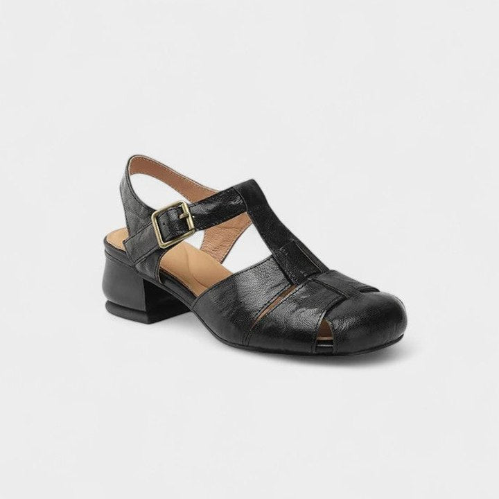 Comfortable Cream Sandals for Women with Block Heel Closed Toe Buckle Casual Style