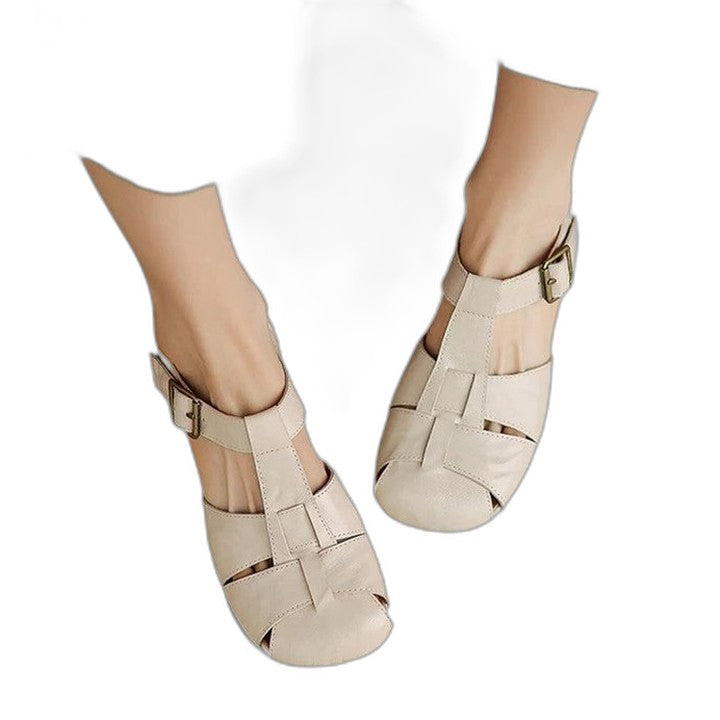 Comfortable Cream Sandals for Women with Block Heel Closed Toe Buckle Casual Style