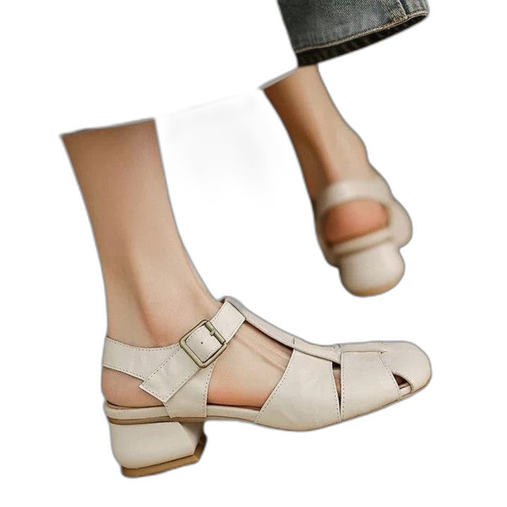 Comfortable Cream Sandals for Women with Block Heel Closed Toe Buckle Casual Style