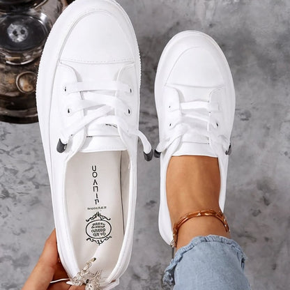 Comfortable Cream Sneakers for Women with Closed Toe Lace Up Casual Style