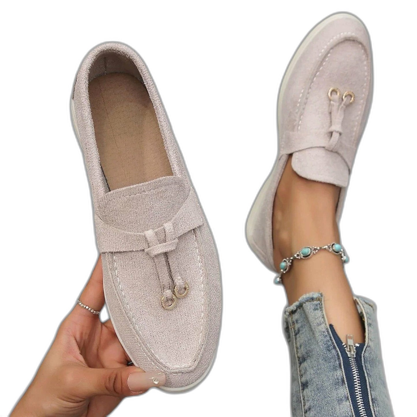 Comfortable Cream Suede Loafers for Women with Closed Toe Casual Style