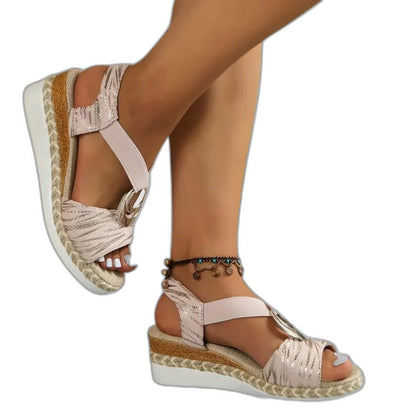 Comfortable Cream Wedge Sandals for Women with Platform Ankle Strap Open Toe Casual Style