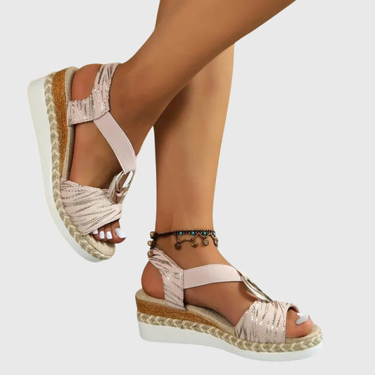 Comfortable Cream Wedge Sandals for Women with Platform Ankle Strap Open Toe Casual Style