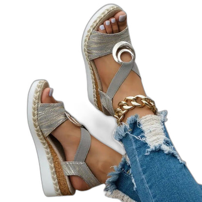 Comfortable Cream Wedge Sandals for Women with Platform Ankle Strap Open Toe Casual Style
