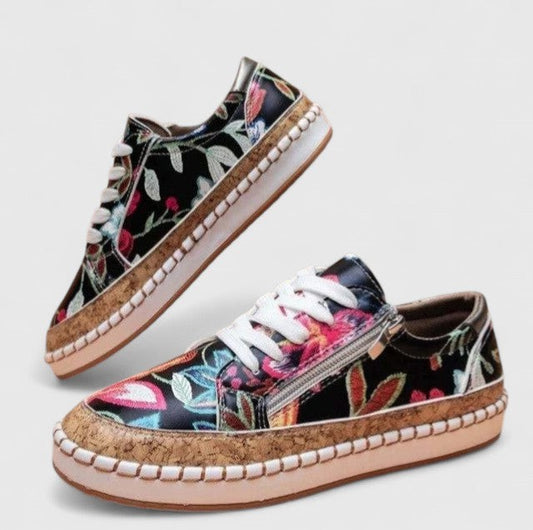 Comfortable Floral Sneakers for Women with Platform Closed Toe Lace Up Casual Style