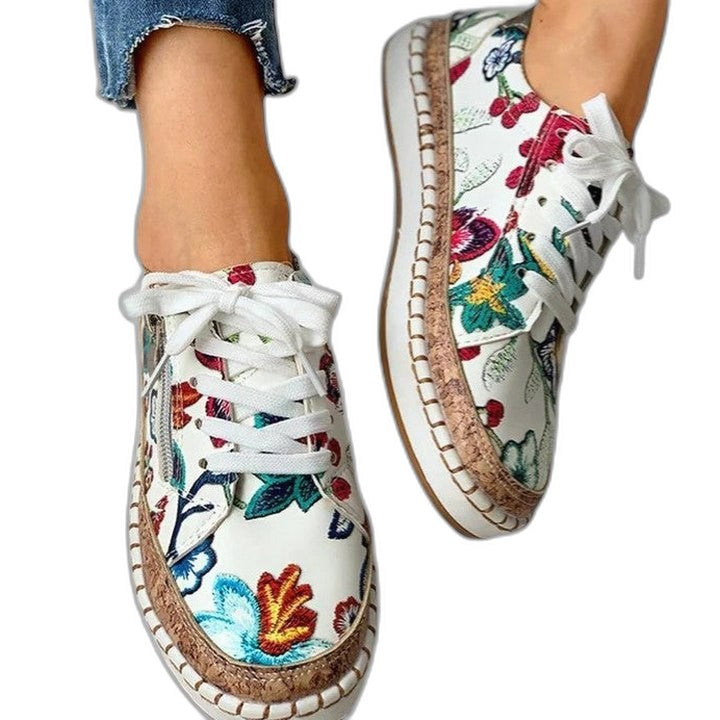 Comfortable Floral Sneakers for Women with Platform Closed Toe Lace Up Casual Style