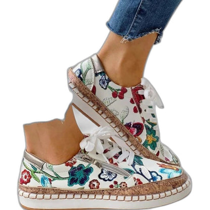 Comfortable Floral Sneakers for Women with Platform Closed Toe Lace Up Casual Style