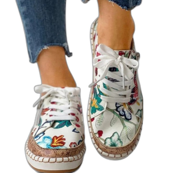 Comfortable Floral Sneakers for Women with Platform Closed Toe Lace Up Casual Style
