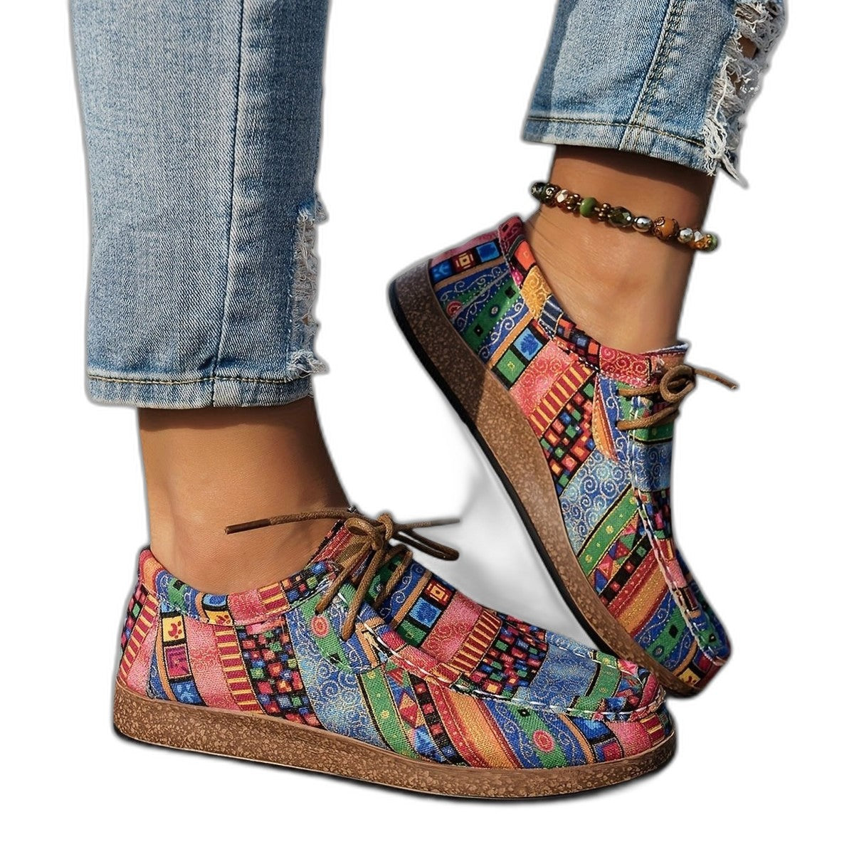 Comfortable Geometric Sneakers for Women with Platform Closed Toe Lace Up Casual Style