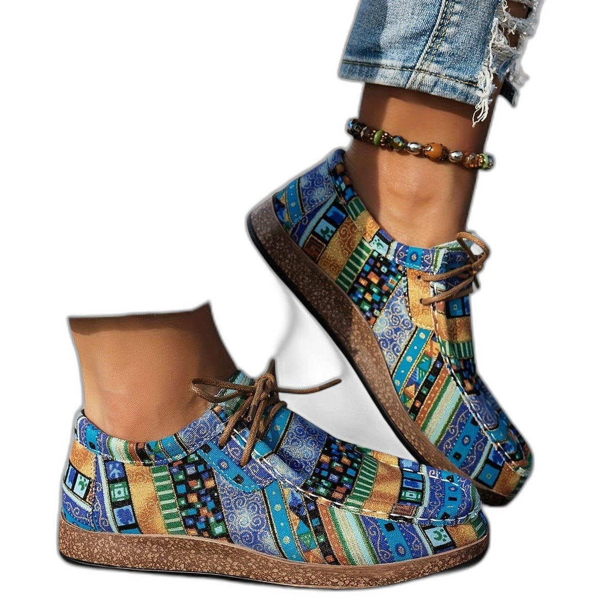 Comfortable Geometric Sneakers for Women with Platform Closed Toe Lace Up Casual Style