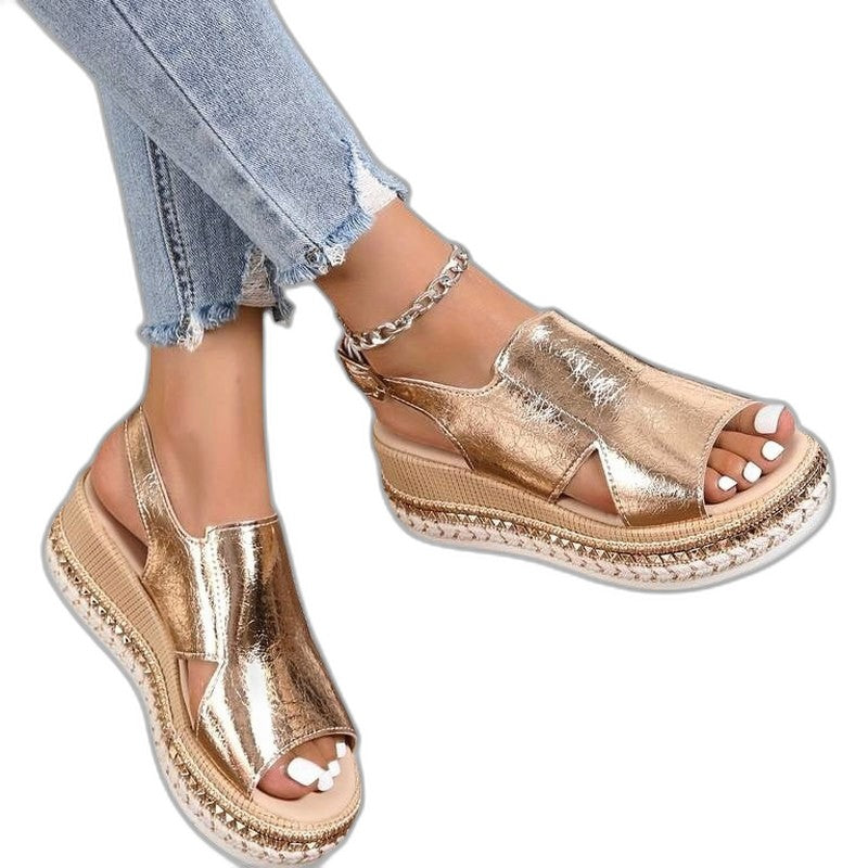 Comfortable Gold Sandals for Women with Platform Open Toe Party Style