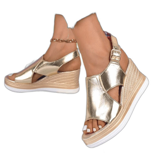 Comfortable Gold Wedge Sandals for Women with Platform Ankle Strap Open Toe Party Style
