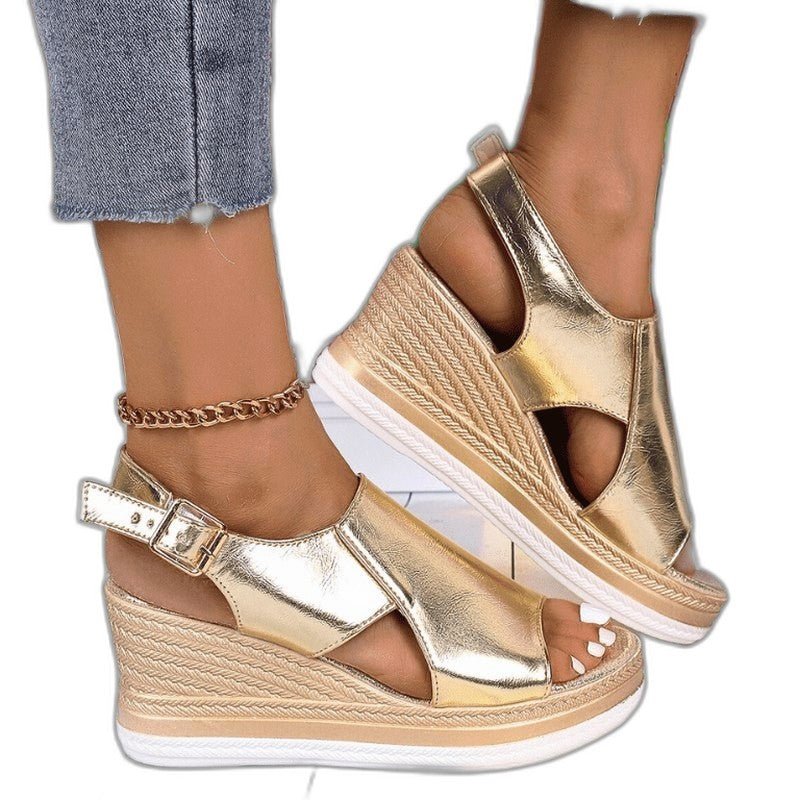 Comfortable Gold Wedge Sandals for Women with Platform Ankle Strap Open Toe Party Style