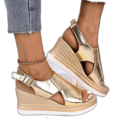 Comfortable Gold Wedge Sandals for Women with Platform Ankle Strap Open Toe Party Style