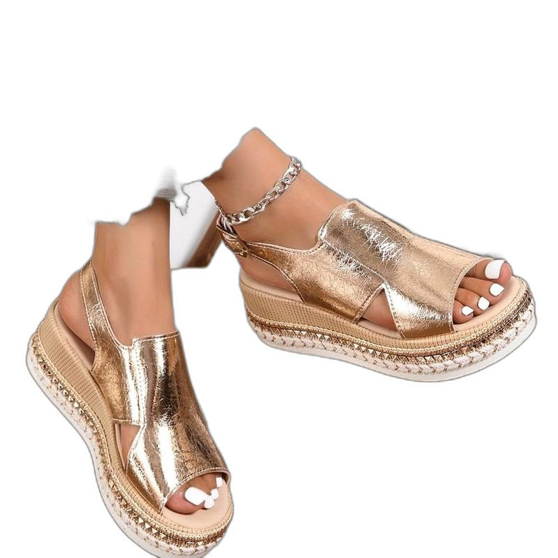 Comfortable Gold Wedge Sandals for Women with Platform Ankle Strap Open Toe Party Style