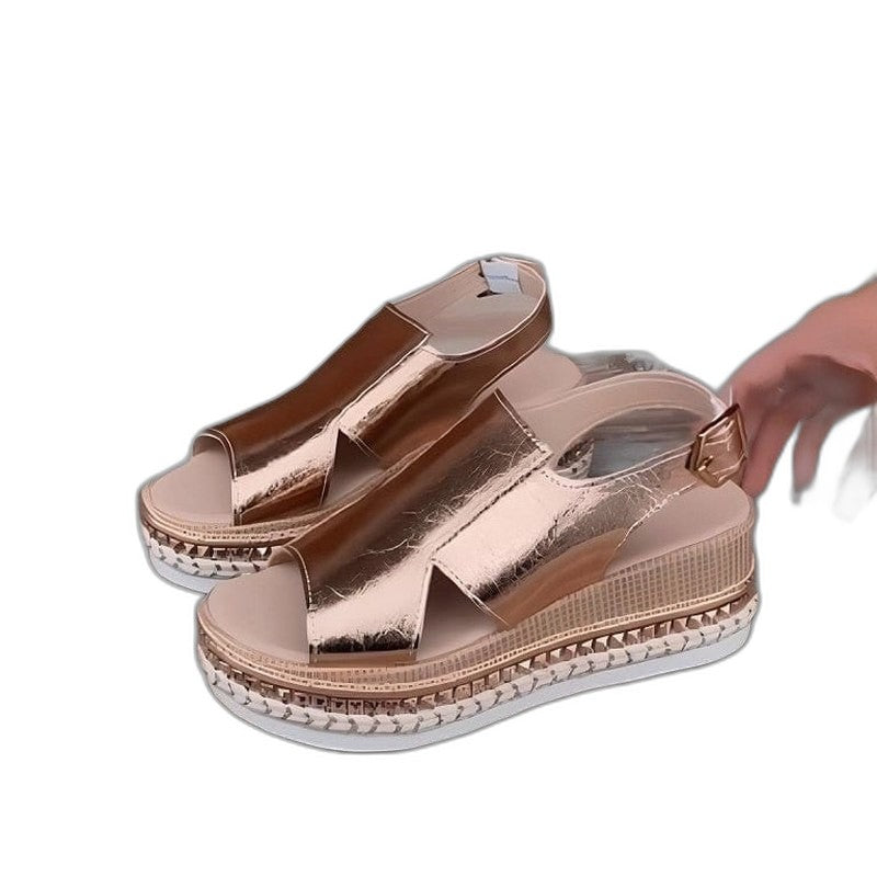 Comfortable Gold Wedge Sandals for Women with Platform Ankle Strap Open Toe Party Style