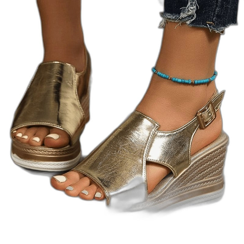 Comfortable Gold Wedge Sandals for Women with Platform Ankle Strap Open Toe Party Style