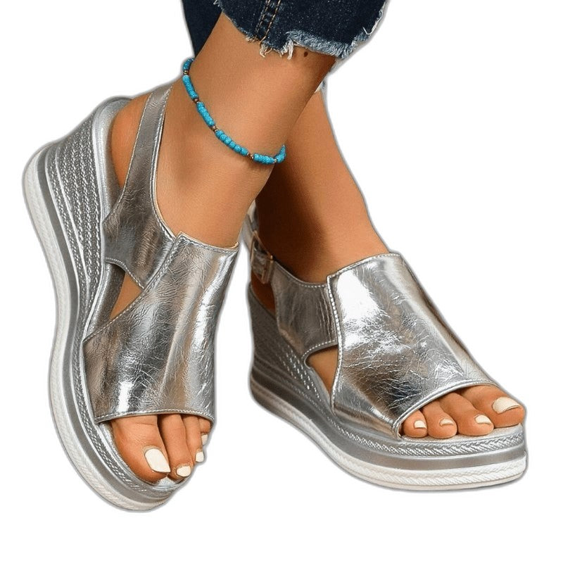 Comfortable Gold Wedge Sandals for Women with Platform Ankle Strap Open Toe Party Style