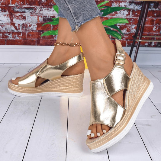 Comfortable Gold Wedge Sandals for Women with Platform Ankle Strap Open Toe Party Style