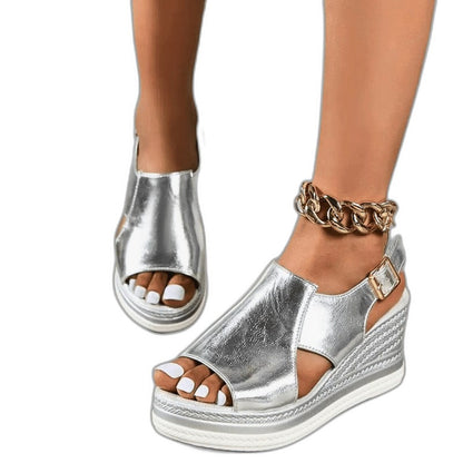 Comfortable Gold Wedge Sandals for Women with Platform Ankle Strap Open Toe Party Style