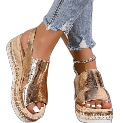 Comfortable Gold Wedge Sandals for Women with Platform Ankle Strap Open Toe Party Style