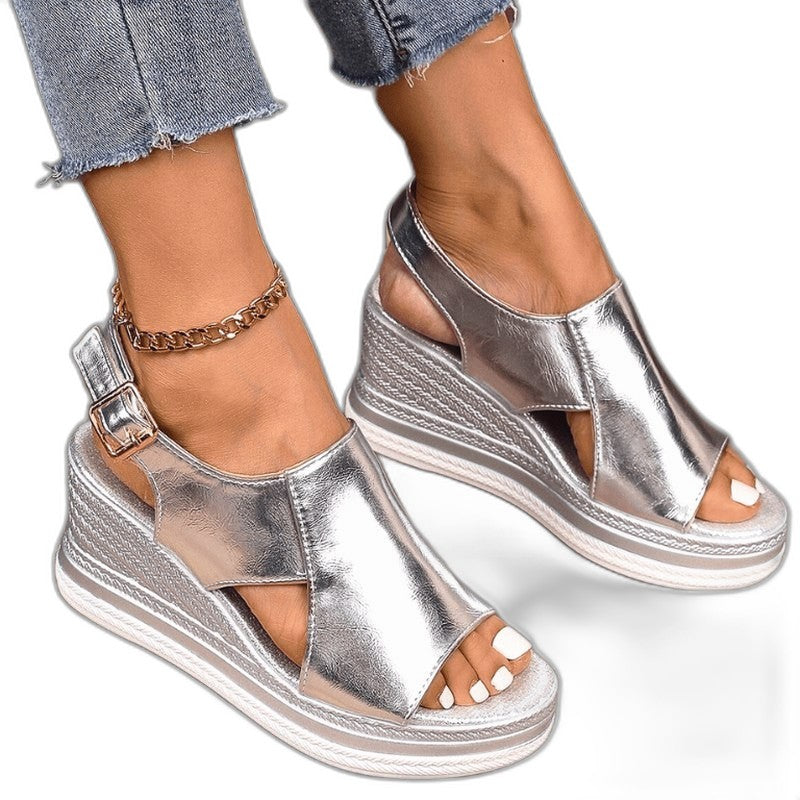 Comfortable Gold Wedge Sandals for Women with Platform Ankle Strap Open Toe Party Style