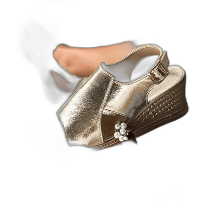 Comfortable Gold Wedge Sandals for Women with Platform Ankle Strap Open Toe Party Style