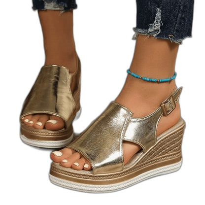 Comfortable Gold Wedge Sandals for Women with Platform Ankle Strap Open Toe Party Style