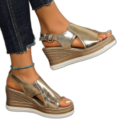Comfortable Gold Wedge Sandals for Women with Platform Ankle Strap Open Toe Party Style