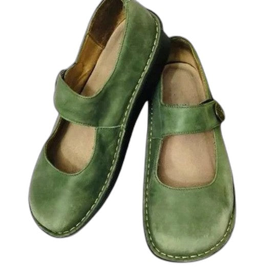 Comfortable Green Leather Mary Jane Shoes for Women with Closed Toe Buckle Casual Style